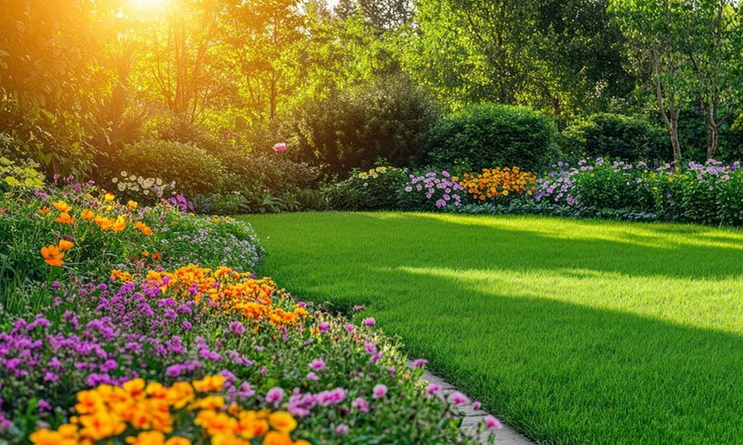 Green lawn and flower garden